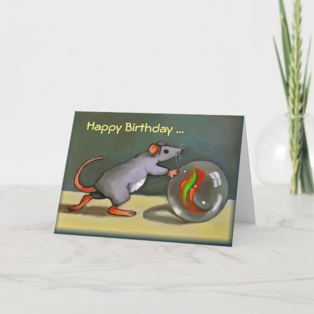 Happy Birthday, Cute Mouse with Marble, Art, PUN Card (Front)