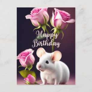 Happy Birthday Cute Mouse with Pink Roses  Postcard
