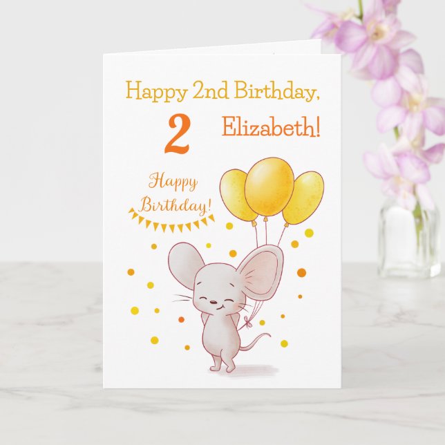 Happy Birthday Cute Mouse with Yellow Balloons Card (Orchid)