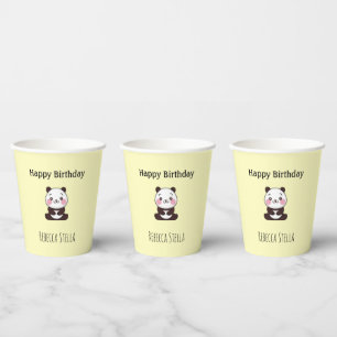 Happy birthday cute panda bear yellow paper cups