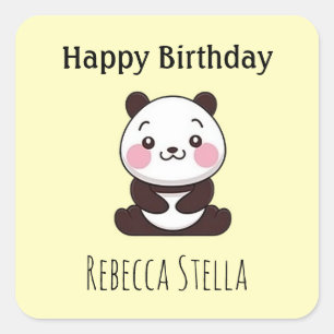 Happy birthday cute panda bear yellow square sticker