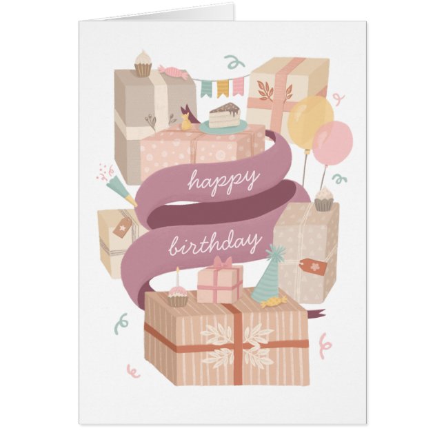 Happy birthday. Cute party cakes and presents (Front)