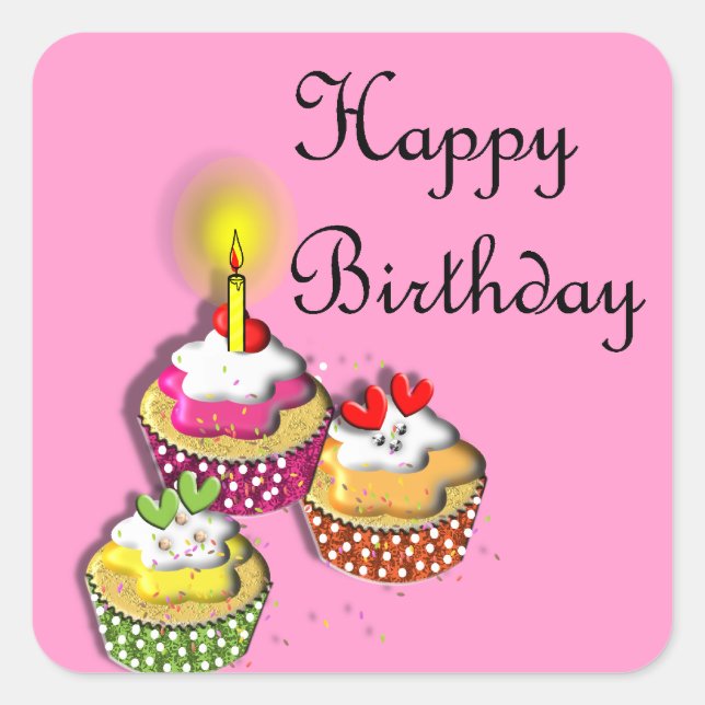 Happy Birthday Cute Party Cup Cakes Square Sticker (Front)