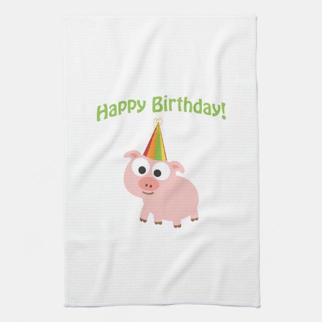 Happy Birthday! Cute Pig Kitchen Towel (Vertical)