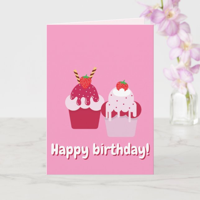 Happy Birthday - Cute Pink Strawberry Shortcakes Card (Orchid)