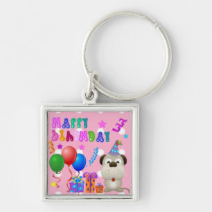 Happy birthday cute puppy with cake and gifts pink keychain