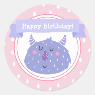 Happy birthday! Cute Purple Monster Classic Round Sticker