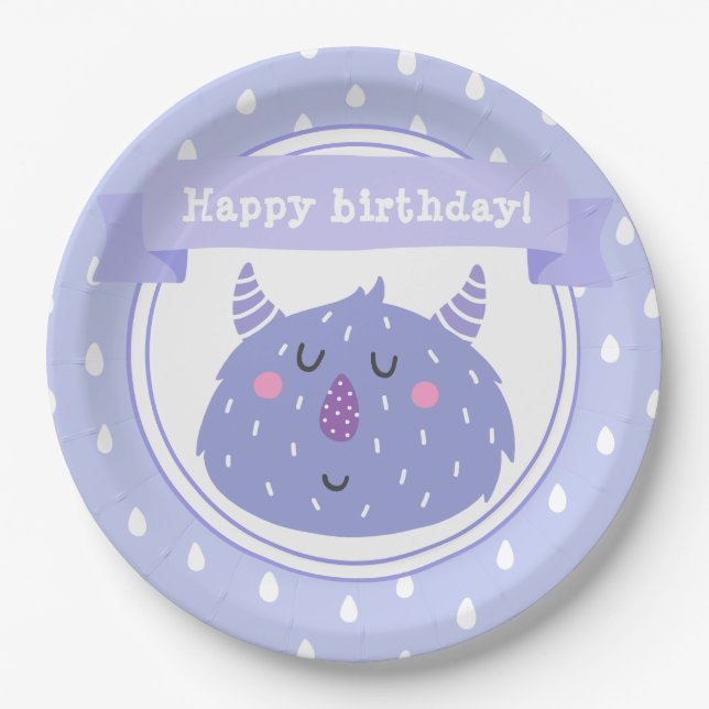 Happy birthday! Cute Purple Monster Paper Plate (Front)