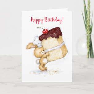 Happy Birthday, Cute Rabbit Holding a Huge Cake. Card