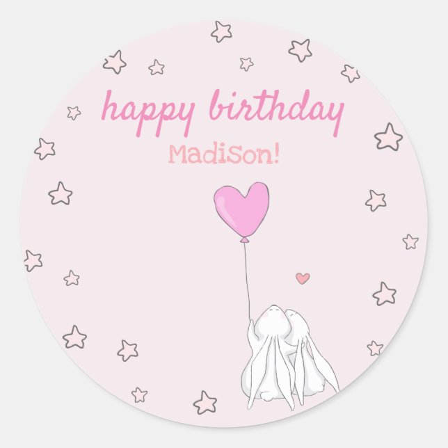Happy Birthday! Cute Rabbits Girl's Birthday Classic Round Sticker (Front)