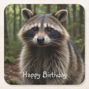 Happy Birthday Cute Raccoon   Square Paper Coaster