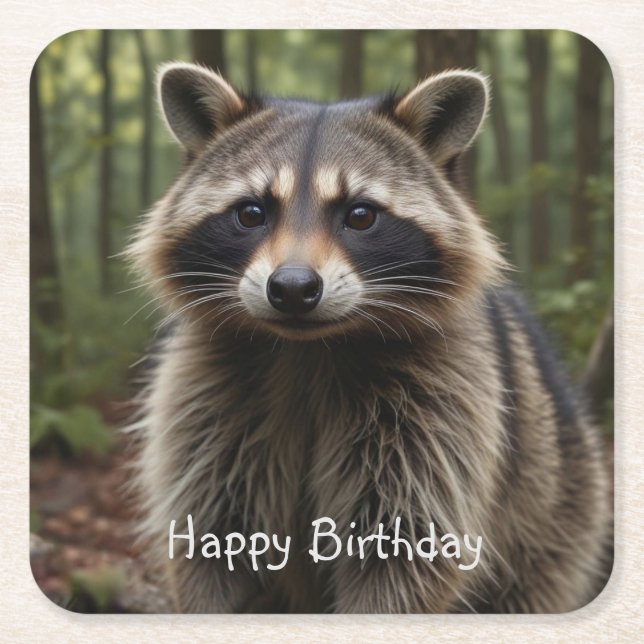 Happy Birthday Cute Raccoon   Square Paper Coaster (Front)