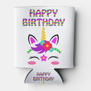 Happy Birthday cute rainbow coloured unicorn on a Can Cooler