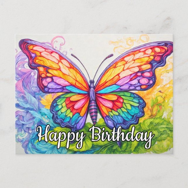 Happy Birthday Cute Retro Butterfly Drawing Holiday Postcard (Front)