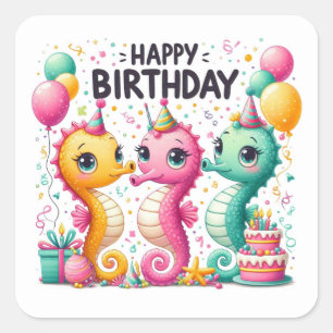 Happy Birthday Cute Seahorses Celebrating  Square Sticker