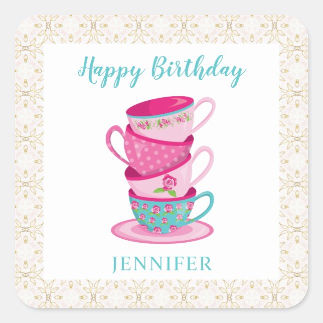 Happy Birthday Cute Tea cups afternoon floral Square Sticker (Front)