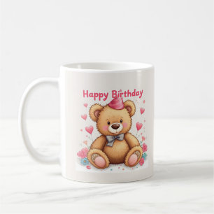 Happy Birthday Cute Teddy Bear with Pink Hearts Coffee Mug