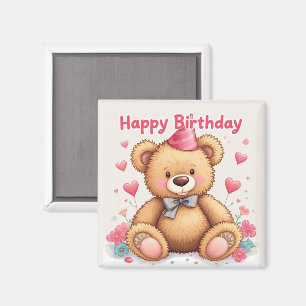 Happy Birthday Cute Teddy Bear with Pink Hearts Magnet