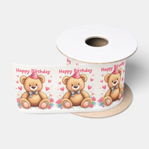 Happy Birthday Cute Teddy Bear with Pink Hearts Satin Ribbon