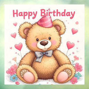 Happy Birthday Cute Teddy Bear with Pink Hearts Window Cling