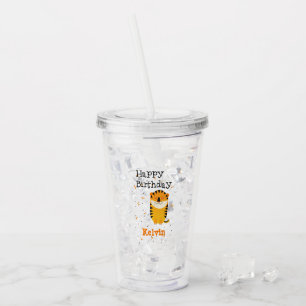 Happy birthday cute tiger custom name grey acrylic tumbler