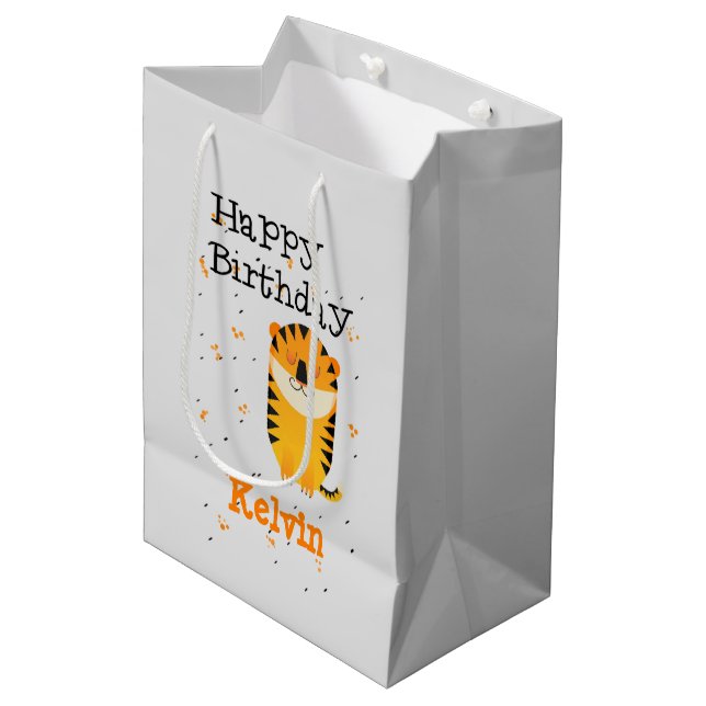 Happy birthday cute tiger custom name grey medium gift bag (Front Angled)