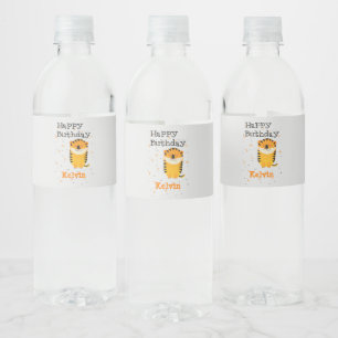 Happy birthday cute tiger custom name grey water bottle label