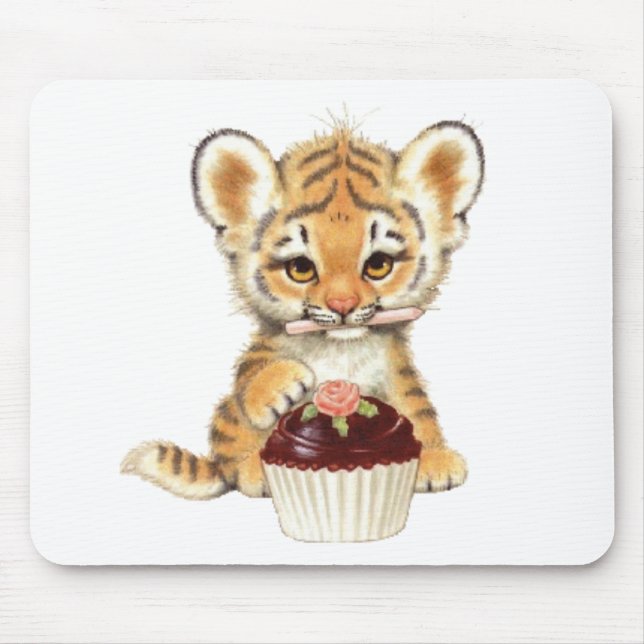 Happy Birthday - Cute Tiger with Cupcake Mouse Pad (Front)