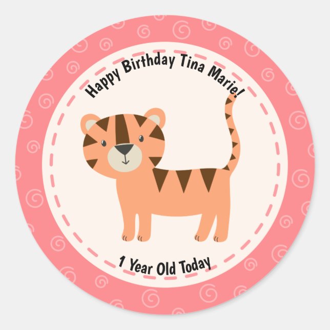 Happy Birthday Cute Tiger Zoo Animals Classic Round Sticker (Front)
