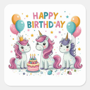 Happy Birthday Cute Unicorns Celebrating  Square Sticker