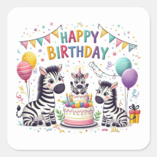 Happy Birthday Cute Zebras Celebrating  Square Sticker