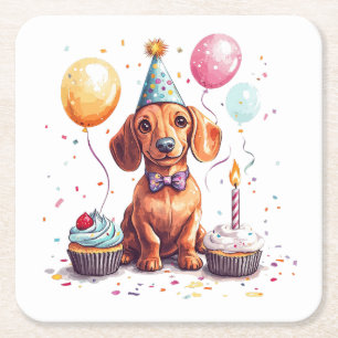 Happy Birthday Dachshund Dog  Square Paper Coaster