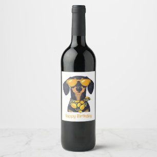 Happy Birthday Dachshund Dog Sunglasses Lemons Wine Label