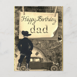  Happy Birthday Dad  Car Cowboy Clock Postcard