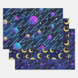 Happy Birthday Dad or Personalize Name Blue Stars  Wrapping Paper Sheet