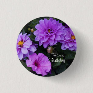 Happy Birthday Dahlia Lilac and Petunia Button