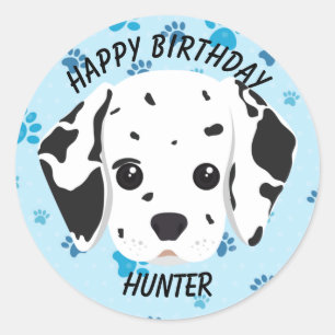 Happy Birthday Dalmatian Puppy Blue Paw Print   Classic Round Sticker