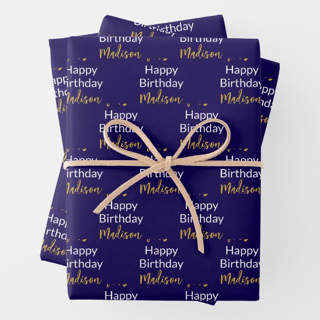 Happy Birthday Dark Blue White Gold Script Name Wrapping Paper Sheet (In situ)