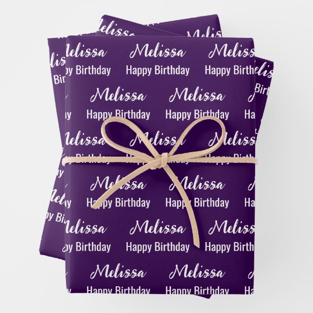 Happy Birthday Dark Purple and White Name Pattern Wrapping Paper Sheet (In situ)