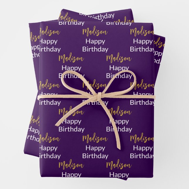 Happy Birthday Dark Purple White Gold Script Name Wrapping Paper Sheet (In situ)