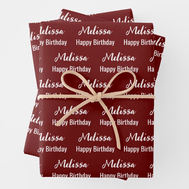 Happy Birthday Dark Red and White Name Pattern Wrapping Paper Sheet (In situ)