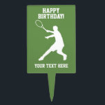 Happy Birthday Day tennis theme custom cake topper<br><div class="desc">Happy Birthday Day tennis theme custom cake topper. Custom cake picks with personalized wishes and custom name. Cute party supplies and decoration items for kids and adults. Also fun for cupcakes and other food items. Silhouette design with racket. Also nice for Christmas Holidays, wedding, bridal shower, gathering, celebration, business, welcome...</div>
