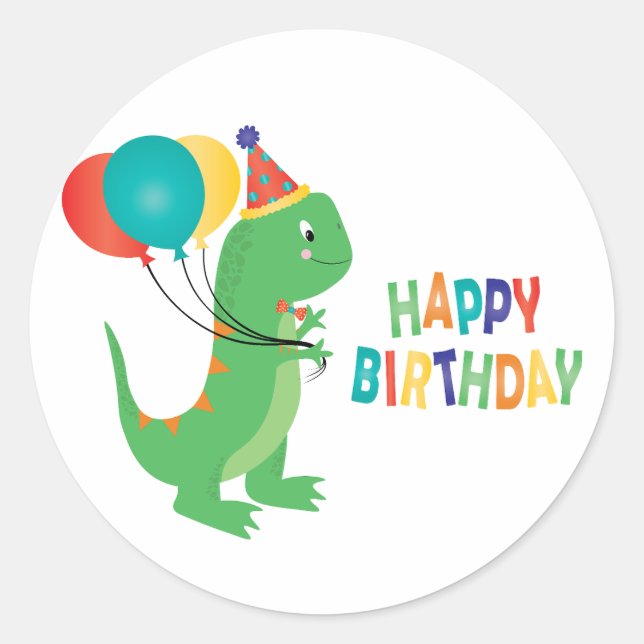 Happy Birthday Dinosaur Balloons Classic Round Sticker (Front)