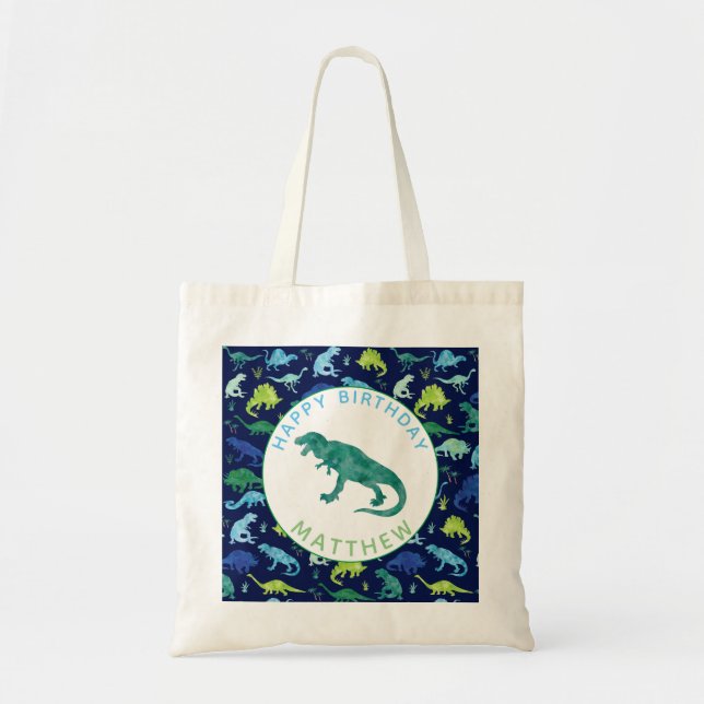 Happy Birthday Dinosaur Personalized Kids T-Rex Tote Bag (Front)
