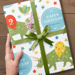 Happy Birthday Dinosaur Triceratops Name Age Wrapping Paper<br><div class="desc">Celebrate a special birthday with this fun dinosaur gift wrap! A cute design featuring a little Triceratops, birthday balloons, stars and a friendly bug hiding in the leaves! Personalize the template with your birthday age, and name. Perfect for a young child's birthday including 1st, 2nd, 3rd, 4th, and 5th. Printed...</div>