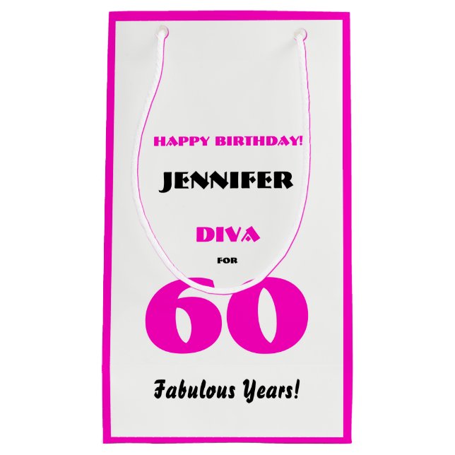 Happy Birthday Diva 60 Fabulous Years Hot Pink Small Gift Bag (Front)