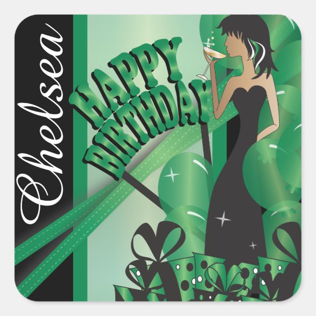 Happy Birthday Diva Girl | DIY Name | Green Square Sticker (Front)