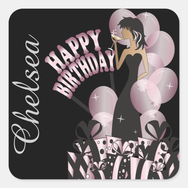 Happy Birthday Diva Girl | DIY Name | Pink Square Sticker (Front)