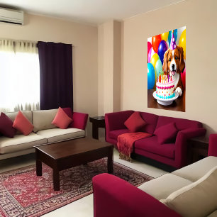 Happy Birthday, dog and  cake   AI Art  Poster