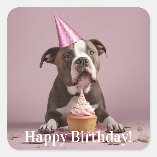 Happy Birthday! Dog eating cake  Square Sticker (Front)